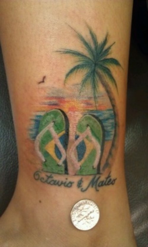 Awesome Color Palm Tree Tattoo On Ankle